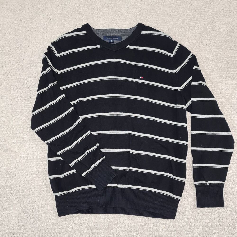 Tommy Hilfiger V-Neck Pullover Sweater Jumper Mens MEDIUM Stripe Casual Preppy